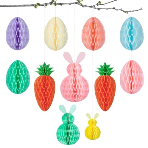 Pinkswan 11 Stück Papier Ostereier zum Aufhängen, Honeycomb Papier Osterhasen Deko Wabenkarotte, 3D Osterdeko Hängend Bastelset für Frühling Sträucher, Innen Osterschmuck, Party, Schule Dekoration