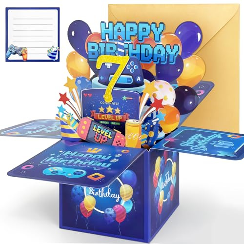 YianHien 7 Jahre Junge Geburtstagskarte, Coole Gaming Karte Geburtstag | Geschenkideen Pop Up Karte Geburtstag mit „Level Up“ Gaming Controller, Happy Birthday Deko Geschenk zum 7. Geburtstag Jungen