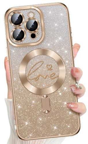 Misscase für iPhone 15 Pro Max Hülle, Glitzer 'Love' Motiv Vergoldung Magnetische Handyhülle, mit Kameraschutz, Niedlich Schutzhülle für Damen und Mädchen, Stoßfest Fingerabdruck-Gold