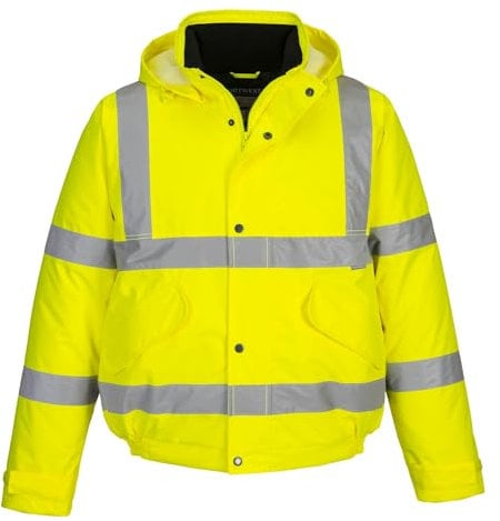 Portwest S463 Men's Waterproof Hi Vis Bomber Jacket - Winter Safety Jacket with Reflective Tape, Pockets and Hood Yellow, X-Large