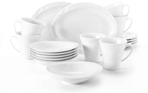 Seltmann Weiden Frühstückset 18-teilig oval weiß | Set für bis zu 6 Personen | Serie Allegro | beinhaltet je 6 Frühstücksteller, Becher und Dessertschalen, Hartporzellan