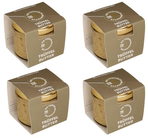 Die Trüffelmanufaktur - Feinkost 4er Set Trüffelbutter mit 15% echtem frischen schwarzem Trüffel, die Delikatesse für Feinschmecker, weiße Trueffel-Butter im Glas á 95 g, Vorratspack 360 g
