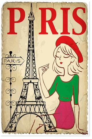 Postereck - 1058 - Vintage Plakat, Paris Frankreich Frau Eiffelturm - Spruch Schrift Wandposter Fotoposter Bilder Wandbild Wandbilder - Poster - 3:2-91,0 cm x 61,0 cm