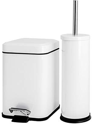 Harbour Housewares 3L Bathroom Bin & Brush Set - White - 2pc Mismatched Stainless Steel Square Pedal Bin & Round Toilet Brush Set Slim Small Trashcan for Kitchen Waste, Bathroom Rubbish