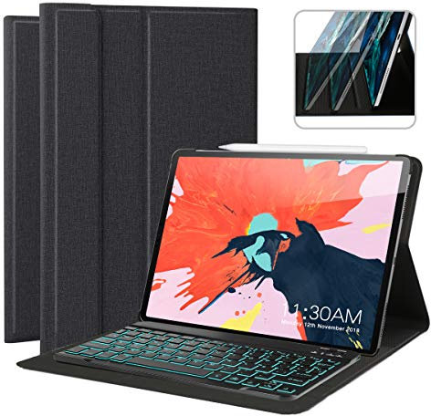 Feelkaeu Clavier Bluetooth Clavier Rétro éclairé 7 Couleurs, Housse Coque Clavier AZERTY pour iPad Pro 12.9 2021 2020 2018 Pochette de Protection Étui, Sommeil Réveil Automatique
