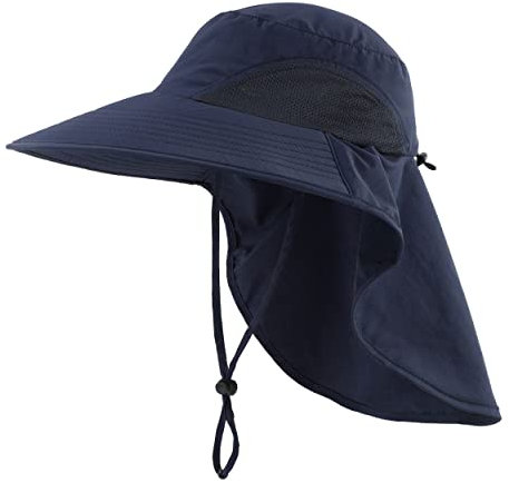 Magracy Herren Damen Outdoor-Sonnenhut mit Nackenklappe breiter Krempe Netzstoff UV-Schutz Hut Gartenarbeit Angelhüte Marineblau