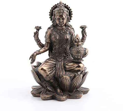 Veronese Design Figur Hindu-Gott Lakshmi sitzend auf Lotus, Kunstharz, Bronze-Finish, 8,4 cm
