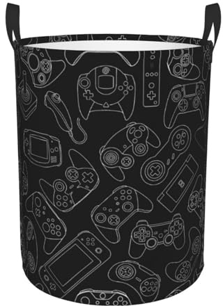 Gbuzozie 38L Round Laundry Hamper Video Game Controller Background Storage Basket Waterproof Coating Gaming Gadgets Organizer Bin For Nursery Clothes Toys