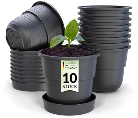 Plastard Anzuchttöpfe 12 cm Durchmesser 10 Stück mit Untersetzer Kunststoff Pflanztöpfe aus witterungsbeständigen Material. Runde Saattöpfe, Anzuchttöpfchen