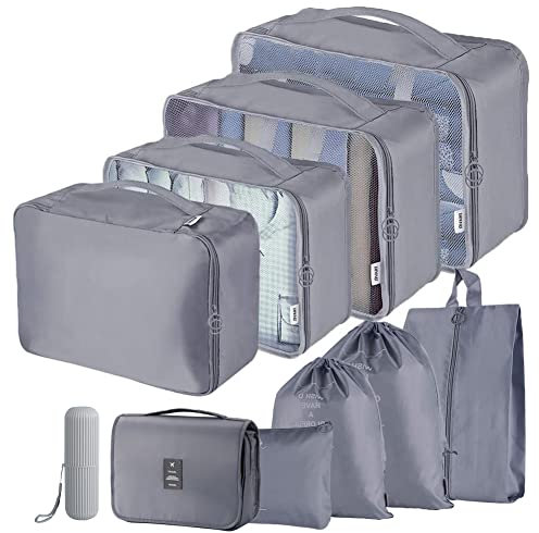 Toifucos 10pcs Packing Cubes Set for Suitcase, Luggage Organizers, Waterproof Compression Bags, Travel Essentials (Grey), S
