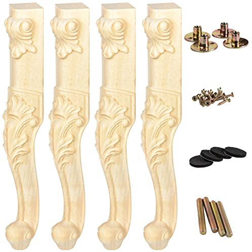 La Vane Lot de 4 pieds de meubles en bois massif sculpté de style européen pour canapé, armoire, table, canapé deux places - 45 cm