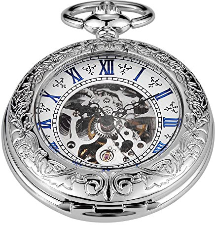 Tiong Simple Silver Mechanical Pocket Watch, Men's Roman Numerals Mechanical Pocket Watch with Chain