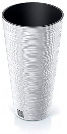 Macetero color blanco, con depósito, colección FURU, de 25 x 25 x 48 cm, capacidad de 7,5 L.