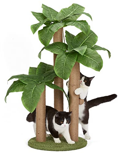 31.5Inch Cat Scratching Post,Cat Scratcher Tree with 3 Scratching Poles & 2 Interactive Dangling Balls,Cats Scratching Posts for Indoor Kitten & Adult Cats (Banana Tree)