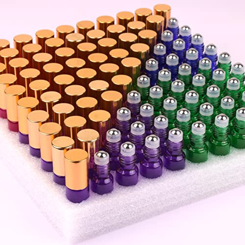 Lot de 100 flacons à bille colorés pour huiles essentielles, parfums, 5 ml, rechargeables, en verre, avec bouchon doré