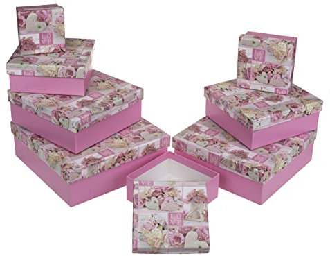 8-teiliges Set Geschenkschachteln Geschenkboxen Geschenkkarton, 8 Stück Geschenkkartonage Boxenset Weihnachten Geburtstag Hochzeit, ca. 22,5 x 22,5 x 8 cm (Rosa mit Rosen & Herzen)