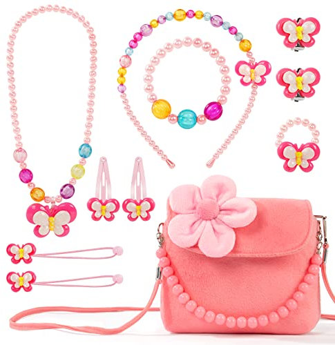OSDUE Kleine Mädchen Plüsch Handtaschen, Schmuckset für Mädchen, Kette Halskette Armband Ring Schmuckset, Süße Plüsch Handtasche für Party Dress Up Geschenk(Rosa)