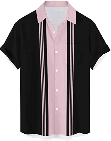 Hodaweisolp Camicie da spiaggia hawaiane allentate estive da bowling a maniche corte casual da uomo, Strisce nere e rosa., XL
