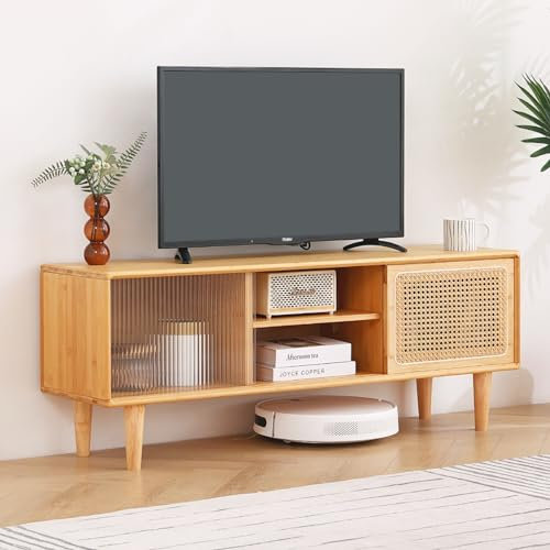Tiita Meuble TV en rotin pour télévision de 140 cm, meuble TV en bambou avec étagère et rangement réglables, centre de divertissement bohème, console multimédia moderne du milieu du siècle pour