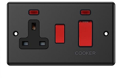 Matt Black Cooker Control Unit w/Neon Black Insert - 2-Gang 45A Cooker Switch with 13A Switched Plug Socket and Neon Indicators