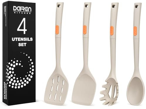 Set di 4 spatole in silicone e cucchiai per spaghetti, resistenti al calore, set di utensili da cucina in silicone, antiaderenti, grandi, per cucinare, mescolare, servire, scolare