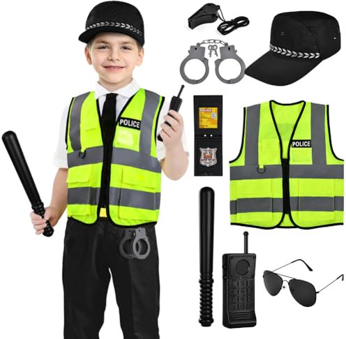 Aomig Disfraz de Policía Infantil, 8Pcs Traje Policia Niñocon Policía Equipo Policía Chaleco Gorra Placa Policía Esposas, Disfraz Policía Niño para Niños y Niñas de 3 a 7 Años, para Juegos de Rol