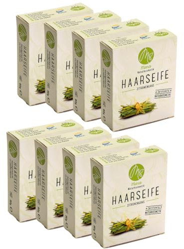 Mara Naturkosmetik - Feste Haarseife Zitronengras – Pflegende Wellness Reinigung ohne Palmöl für Frauen, Männer – Naturseife, nachhaltig, vegan, bio, umweltfreundlich, handgemacht, zertifiziert 8x90g