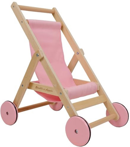 Bandits & Angels Puppenbuggy Lovely Pink aus Holz – ab 2 Jahren – Puppenwagen aus Holz – für Puppen bis 50 cm – Puppenwagen Pink – Puppenbuggy