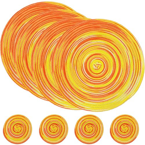 SCF2017 Tovagliette Rotonde Colazione in Cotone Intrecciato, Resistenti al Calore, 38 cm e Sottobicchieri Sottopiatti Rotondi da 11 cm, Set da 4, Giallo+Arancione