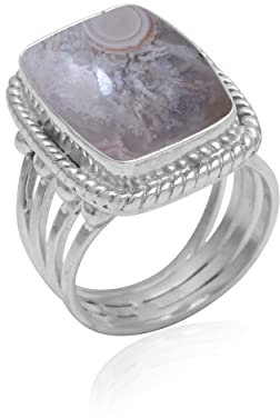 Veracity Jewelry 925 Sterling Silver Gemstone Statement Rings – Gift For Birthday Wedding Anniversary Mother's Day Ring – Vintage Boho Style Handmade Gifts (Crazy Lace Agate)