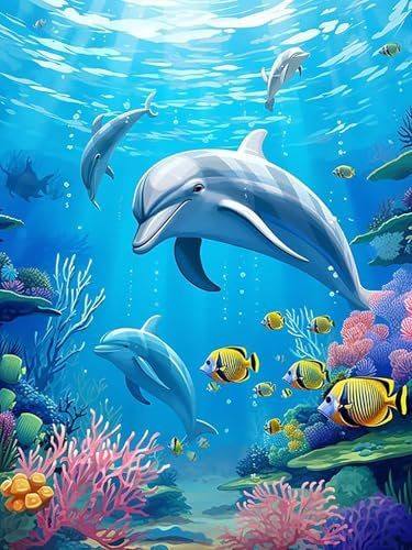 Bimkole DIY 5D Diamond Painting Kits Zubehör Delfin, Diamant Malerei Kit Tier Voll Runde Bohrer Malen nach Zahlen Malerei Stickerei Kreuzstich Diamond Dekoration 30X40cm