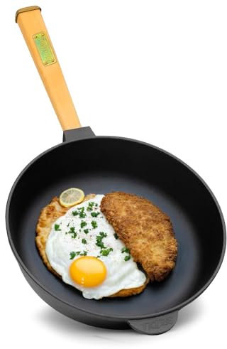 4BIG.fun Ø24cm Pfanne aus Gusseisen mit Holzgriff abschraubbar 62mm hoch Gusseisenpfanne Bratpfanne Steakpfannen Cast Iron Pan Feuerpfanne Gasgrill Backofen Feuerstelle alle Herdarten Induktion
