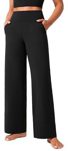 CRZ YOGA Butterlift Damen Jogginghose High Waist Weites Bein Trousers mit Taschen Freizeithose Yogahose Workout Hose - 79cm Schwarz 36