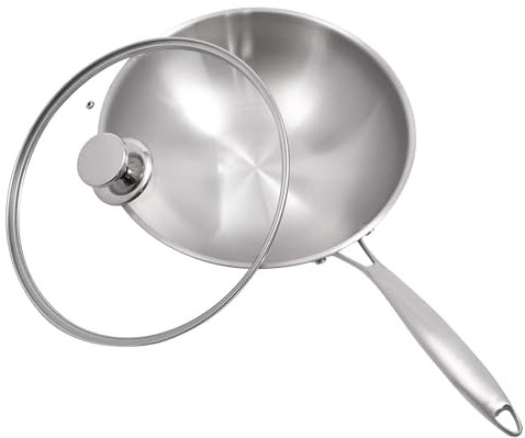 Duoruameng Padella da 30 cm, in acciaio inox, padella a induzione con coperchio in vetro temperato, padella wok a induzione, compatibile con gas e induzione, pulizia senza sforzo