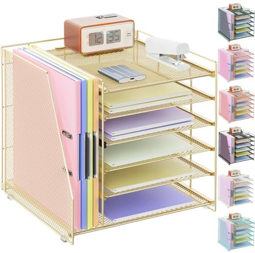 gianotter Schreibtisch-Organizer und Zubehör, 6-stöckiger Papier-Organizer mit Zeitschriftenständer, Akten-Organizer für Schreibtisch, Bürozubehör und Arbeitsplatz (Gold)
