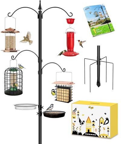 iBorn Bird Feeders Hanging Station 87Inch Wild Bird Feeding Station Pole Stand Outdoors Heavy Duty,2 Fixed & 2 Adjustable Hooks & 2 Trays, 5-Prong Pole Stabilizer(Bird Feeders NOT Included)