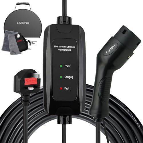 E-S1mple EV Charger Cable Type 2 To 3 Pin Plug 7.5M / 10A/ 2.3KW/ 3Pin Plug EV Charger With Led Indicators, Type 2 Charging Cable 3 Pin Electric Car Charger IP65 Waterproof for EVs & PHEV