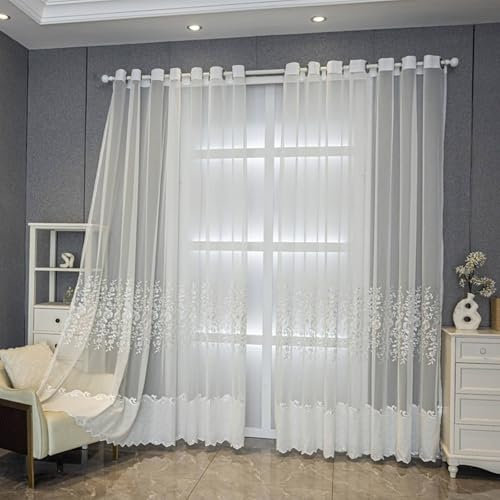Wycian Rideau Exterieur Rideau Cuisine Japonais Transparent Voile 2 Panneaux Polyester avec Motif de Fleurs 132L x 274H cm