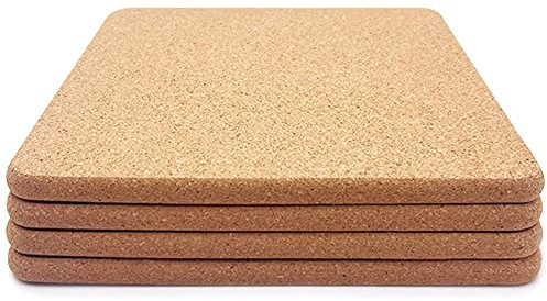 High Density Thick Cork Trivets Set of 4, 20cm x 20cm Square Cork Pad, Heat Mats for, Non-Slip Table Placemats for Kitchen Worktops, Pot Holders, and Coasters