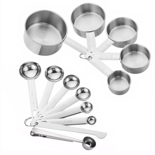 LiangYuanZen Messlöffelsets，13er-Set Edelstahl Messbecher und Löffel，mit 5 Messbecher & 6 schmalgenaue Messlöffel & 1 Messlineal (Richtmaschine) & 1 scop mit clip，für genaues Backen und Kochen
