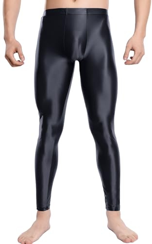 FEOYA Herren Strumpfhosen Leggings Metallic Glänzende Lang Öl Glänzend Tights Lange Hose Pants Stretch Clubwear Schwarz M