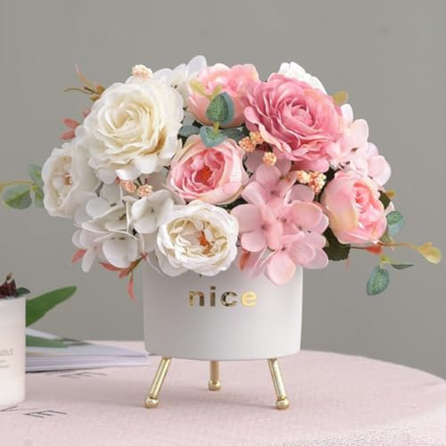 KARLOR Künstlich Blumenstrauß Set, 2 Bündel Kunstblumen Pfingstrosen Hortensien rosa Kunstblumen wie Echt Seidenpfingstrosen Hochzeit Blumenarrangements Tischaufsätze Heim Deko (rosa & weiß)