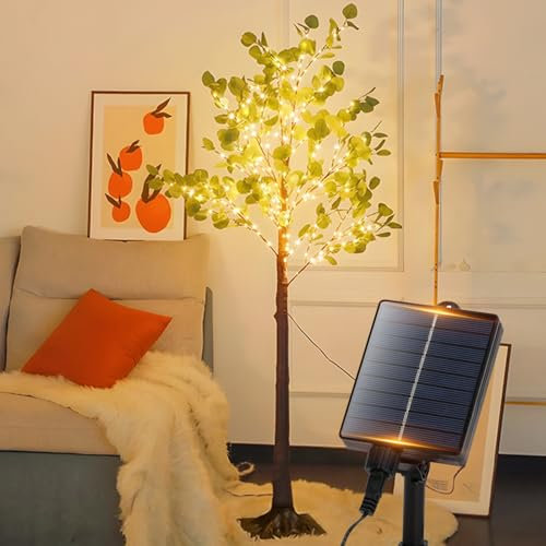 Aigostar Pianta Finta Eucalipto Artificiale con Luci LED Solari 120 cm, 150 LED, 8 Modalità, IP65 Impermeabile, Ideale per Decorazioni Giardino, Terrazza, Natale ed Eventi (Luce Bianca Calda 2700K