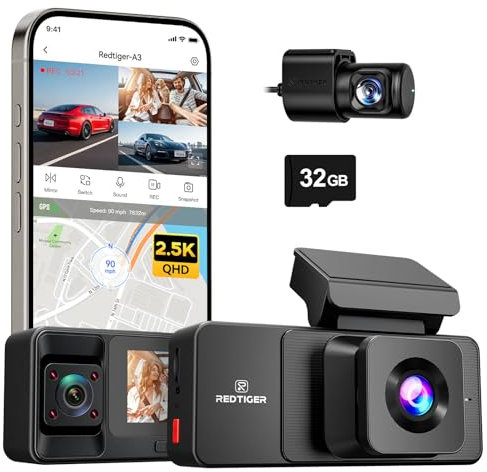 REDTIGER 2.5K 3 Channel Dash Cam with WiFi, 2.5K+1080P+1080P Dash Cam Front and Rear Inside, 3.18'' Screen, Included 32GB Card, IR Night Vision, Loop Recording, 24H Parking Mode, Support Max 256GB(A3)