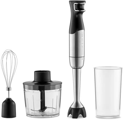 Trisa Pürierstab, 4-en-1 Stabmixer Elektrischer, 1500W Stufenlos Geschwindigkeiten, Edelstahl, Schneebesen, 500ml Häcksler und 700ml Messbecher für Babynahrung