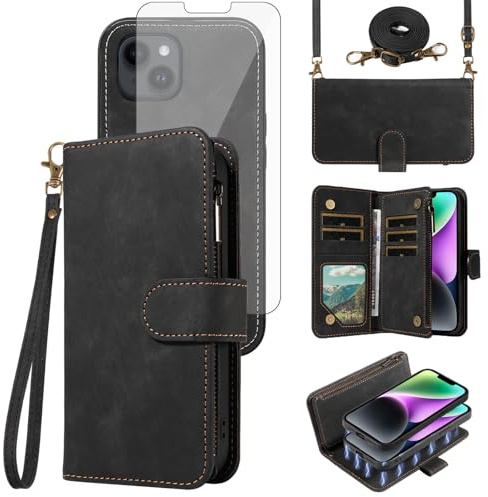 Phone Case for iPhone 14 6.1 inch Zipper Wallet Detachable Cell Cover with Tempered Glass Screen Protector Crossbody Lanyard Strap Flip Card Holder iPhone14 5G i i-Phone i14 14Case Women Girls Black