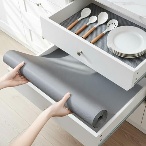 GALOZZOIT Schubladenmatte 45x500cm Antirutschmatte für Schubladen Wasserfest, Ölfest und Zuschneidbar für Küchenschränke, Schuhschränke, Schubladen und Tische (Silbergrau)