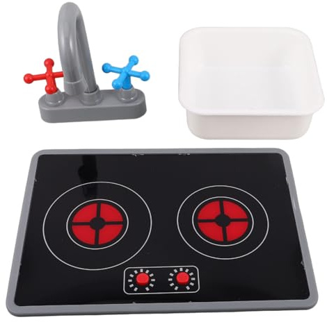 SOPOTUTU 3 Pièces Set de Accessoires Jouets de Cuisine pour Garçon Fille avec Plaque à Induction Électronique Sonore et Lumineuse Évier Carré Fonctionnel avec Robinet Factice Jouets de