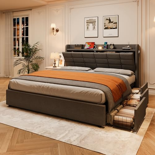 Miyemo King Size Bed Frame with Storage Drawers, 5ft Upholstered Ottoman Bed with Charging-Station & LED-Lighting, Linen Bed with Concealed Headboard Storage & Hydraulic, Grey, 150x200cm, No Mattress