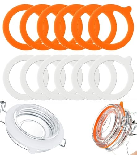 TAKONE Gummiringe Für Einmachgläser 12 Stück 94x108 mm Silikon | 12 Silikonringe, 94x108 mm, luftdicht, wiederverwendbar, Weiß & Orange